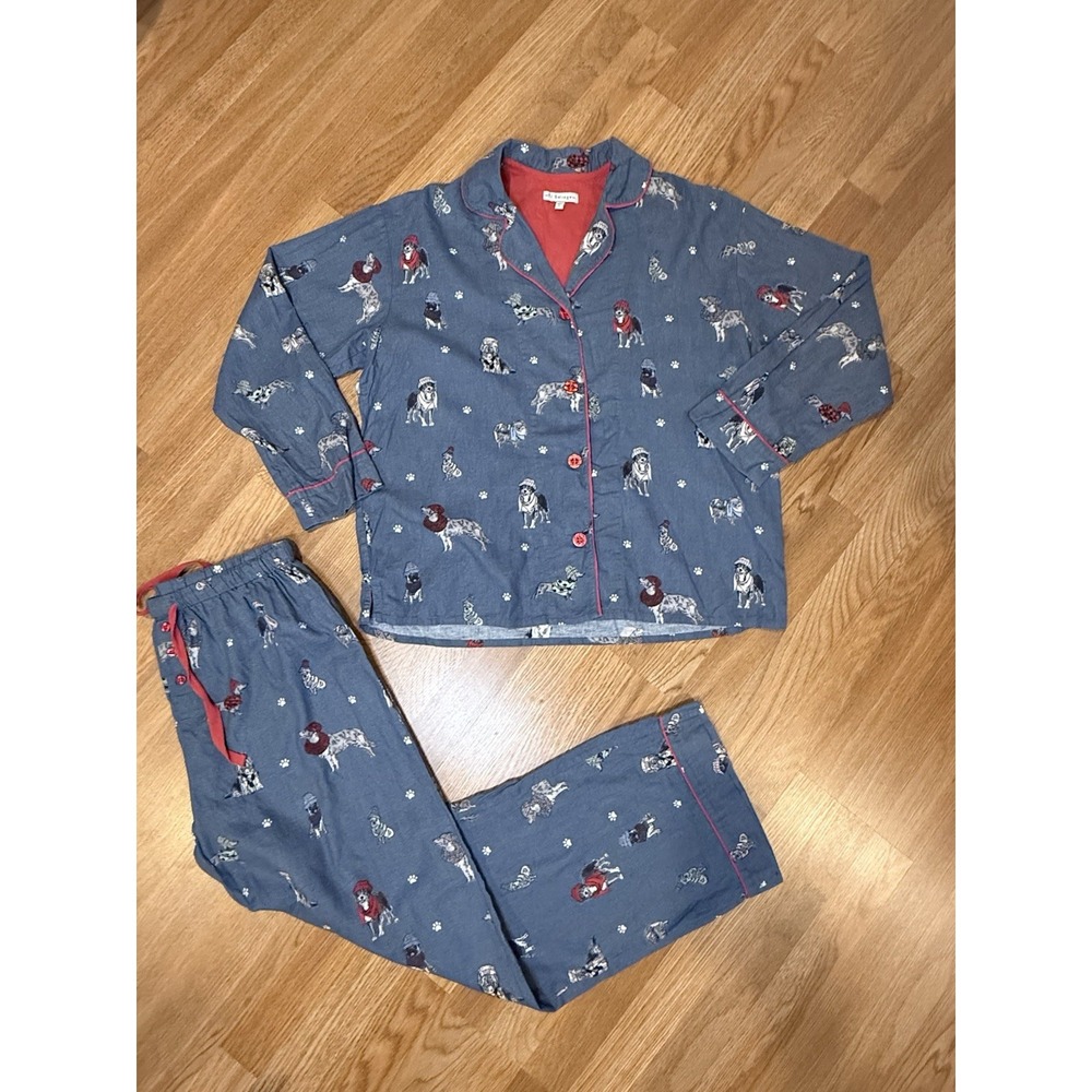 PJ Salvage Flannel Dog Print Pajama Set Women Sz L Comfort Sleepwear Winter Blue